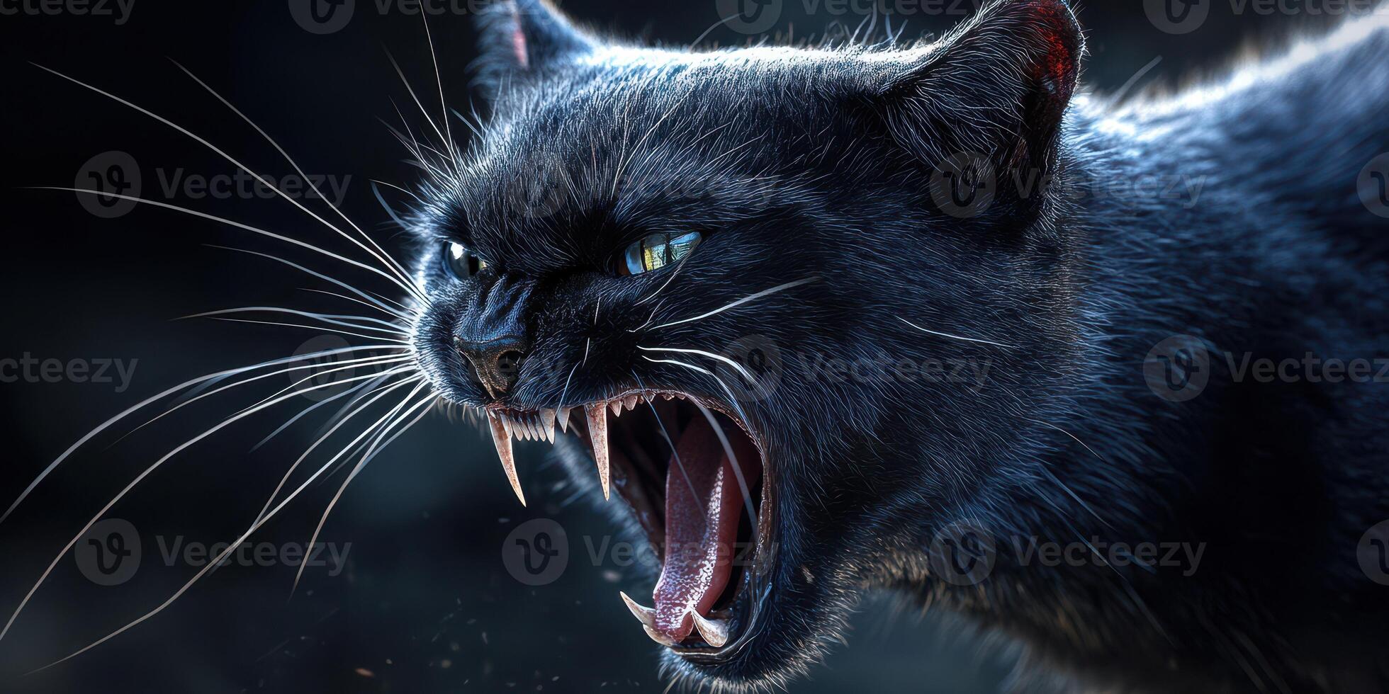 Fierce black cat growling aggressively in a dark environment with sharp fangs visible photo