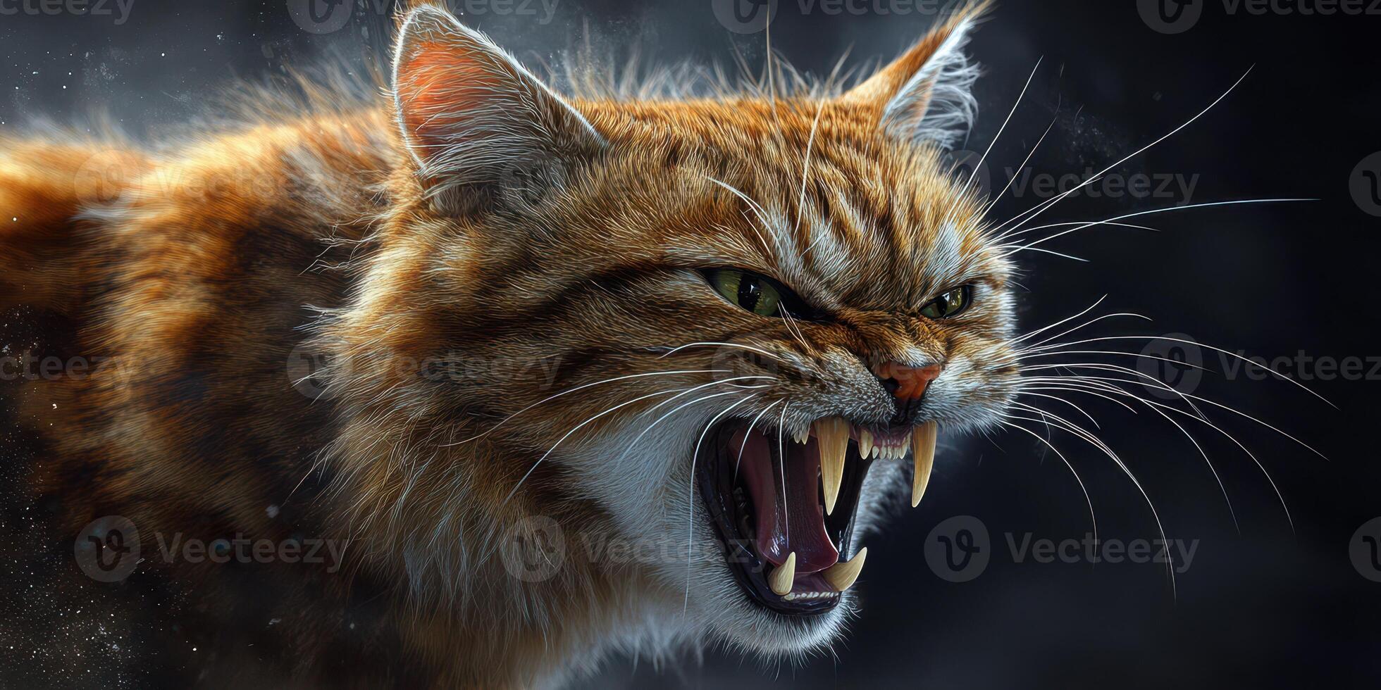 Wild cat snarling fiercely in a dramatic dark setting showcasing its powerful features photo