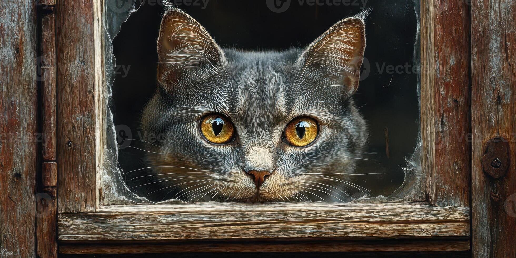 Gray cat with amber eyes gazing through a wooden window frame showcasing charming home atmosphere photo
