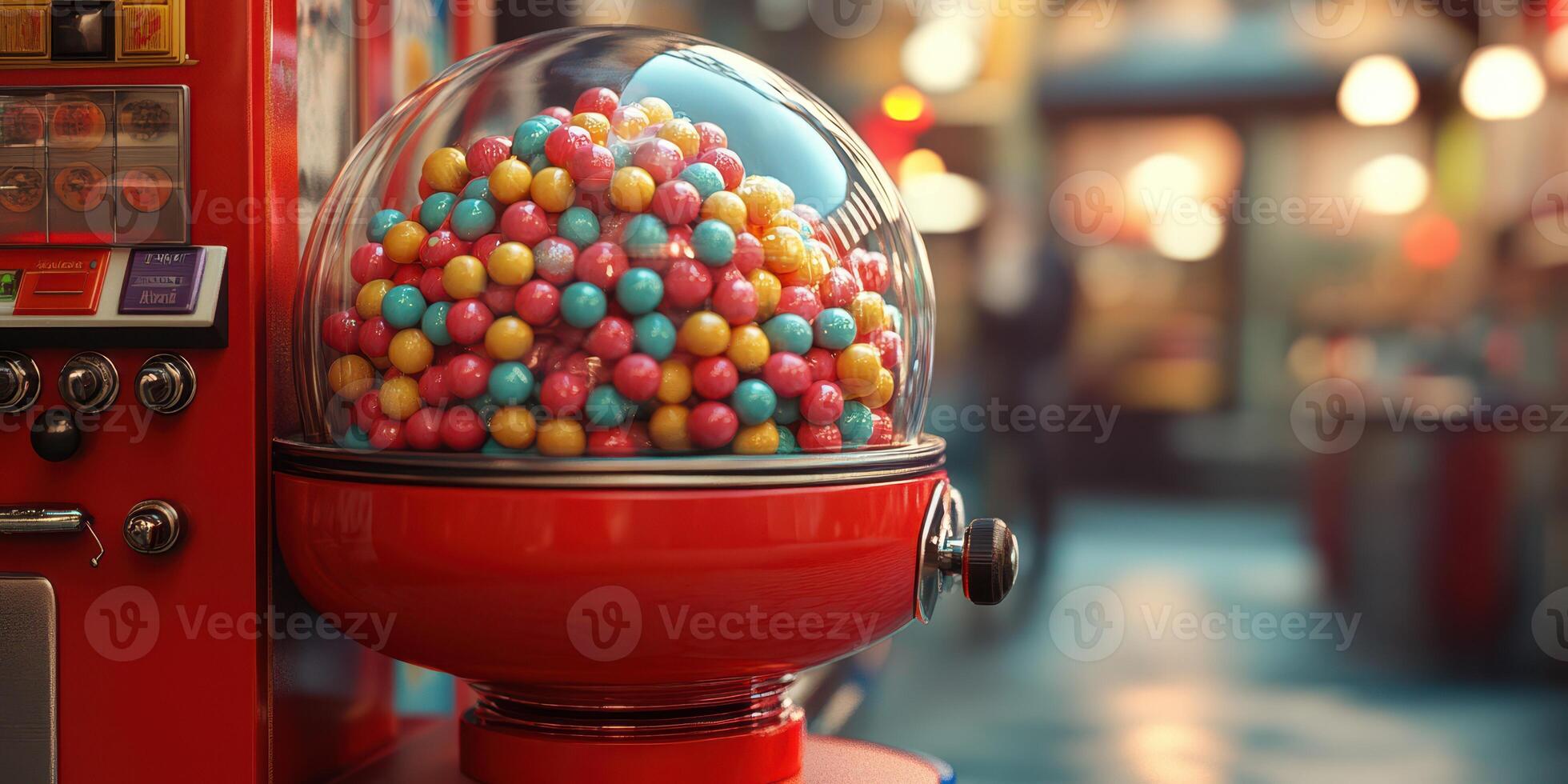 Colorful gumball machine filled with vibrant candies in a nostalgic arcade setting photo