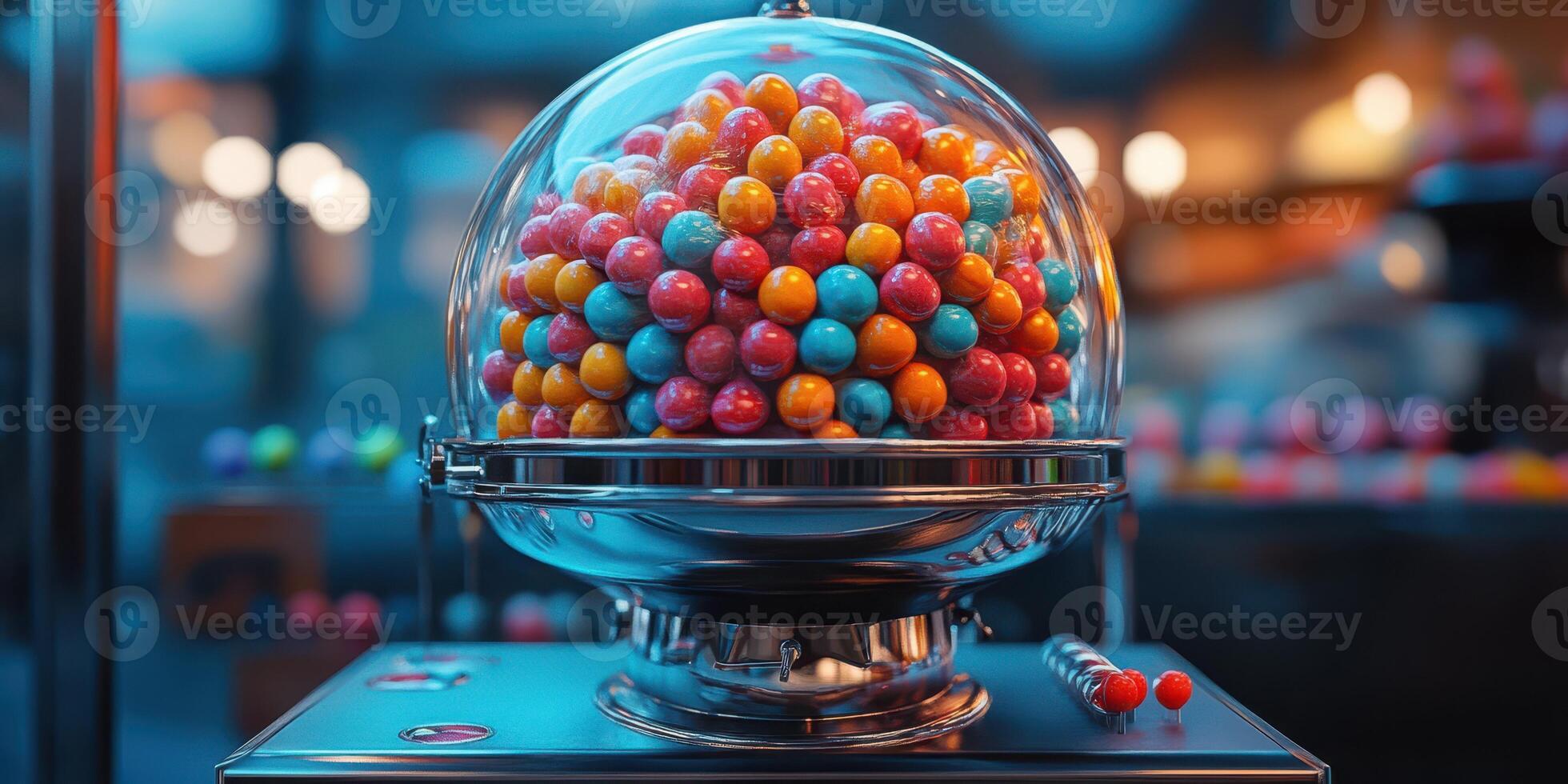 Colorful gumball machine filled with vibrant candies in a lively arcade environment during evening hours photo