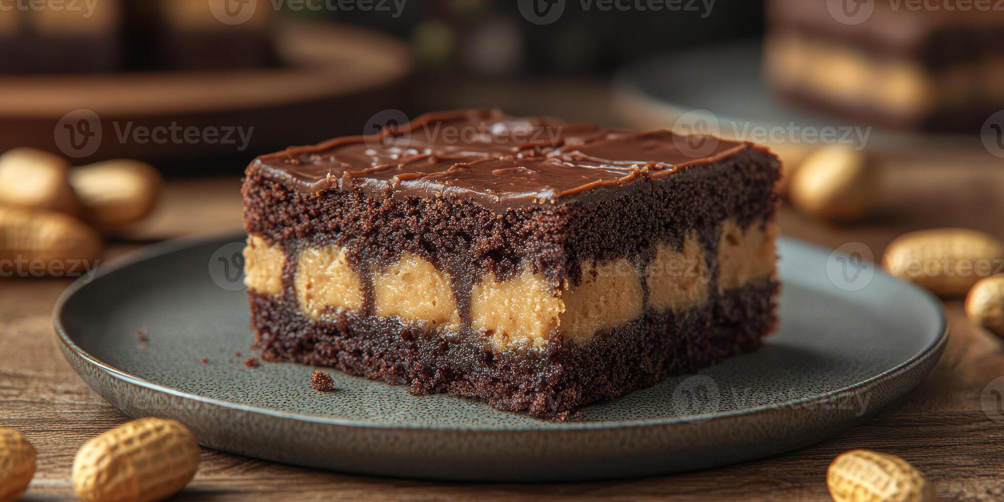Indulge in rich chocolate and peanut butter layered dessert on a wooden table with peanuts photo