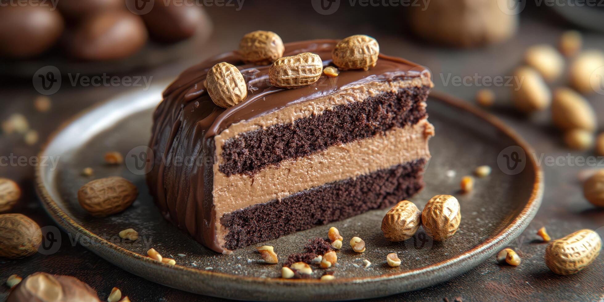 Delicious chocolate peanut butter cake slice with peanuts and crumbs on a wooden table photo