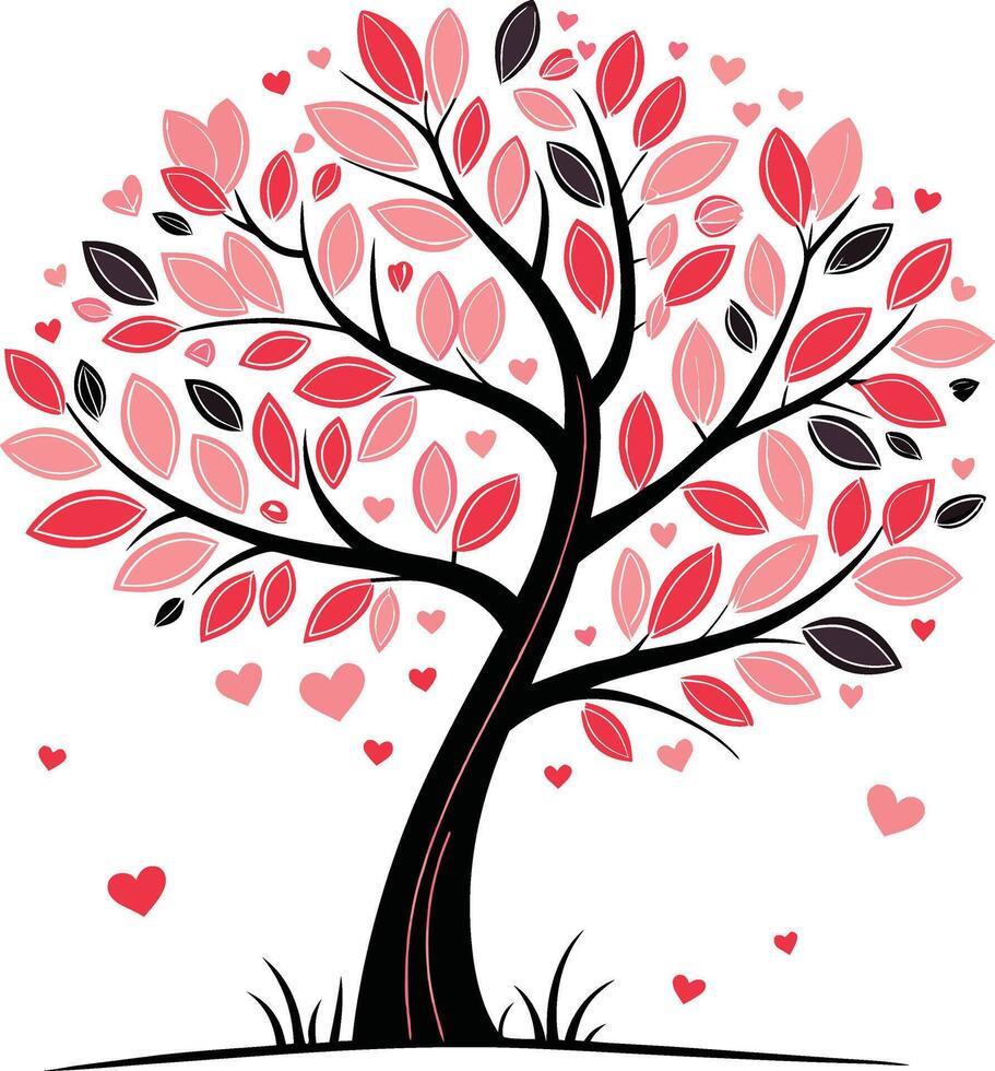 Love Tree A stylized, whimsical tree with pink and red leaves and hearts vector
