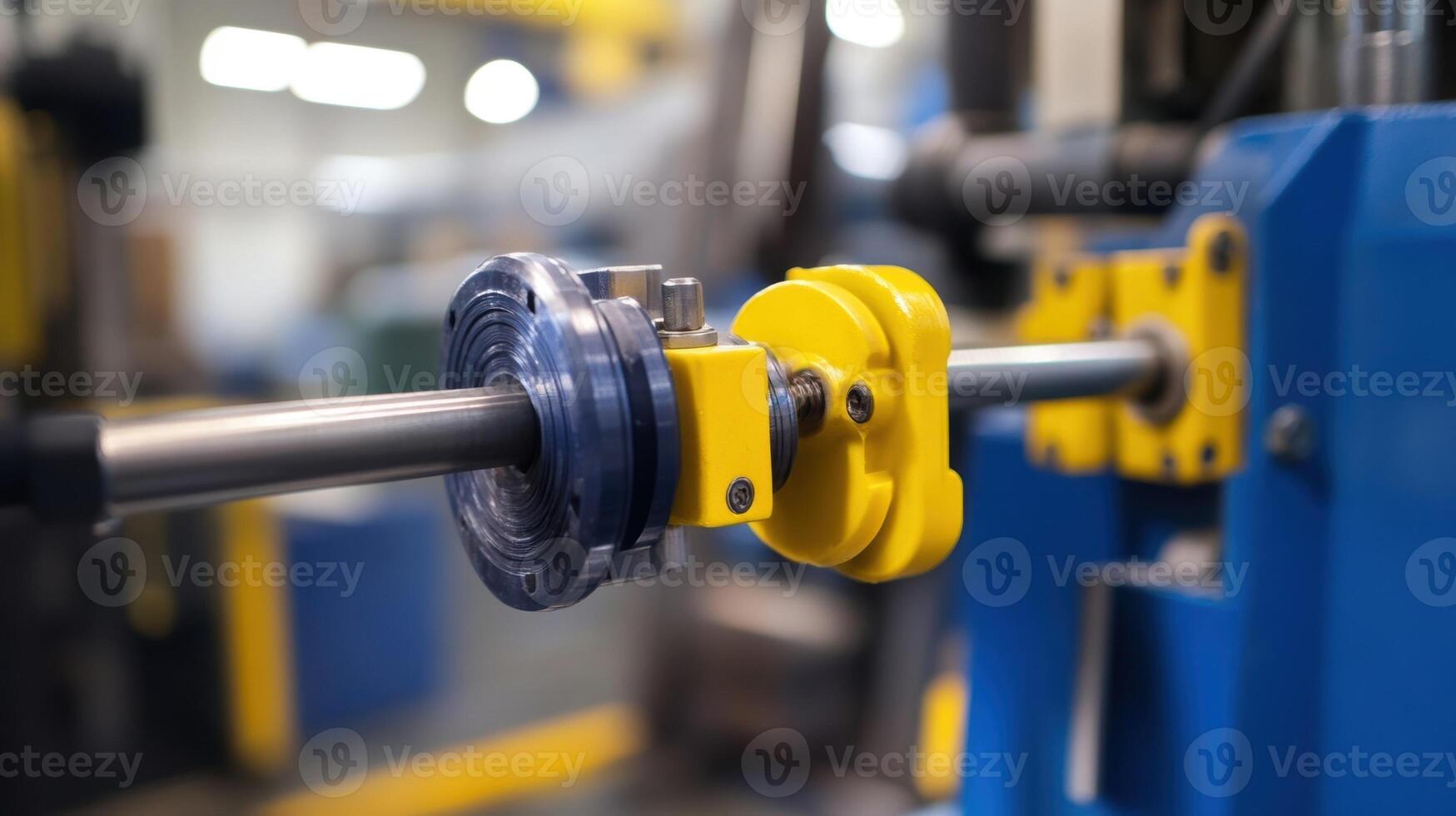 Industrial machine processing metal rod with precision clamps in factory setting photo