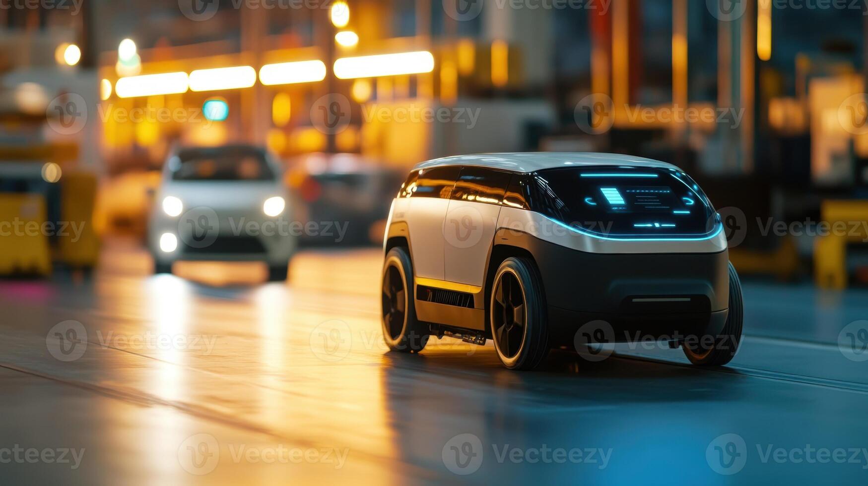 Autonomous delivery robot moving inside factory or warehouse photo