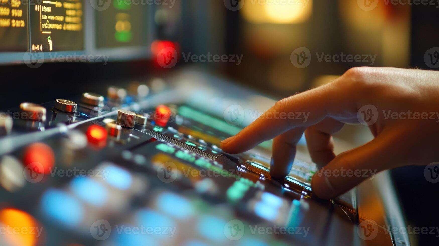 Sound engineer adjusting volume on audio mixing console in recording studio photo