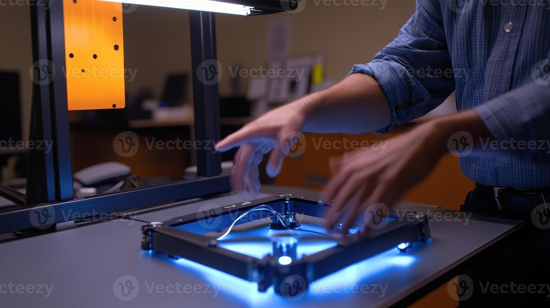Engineer operating futuristic touchscreen interface with blue lighting photo