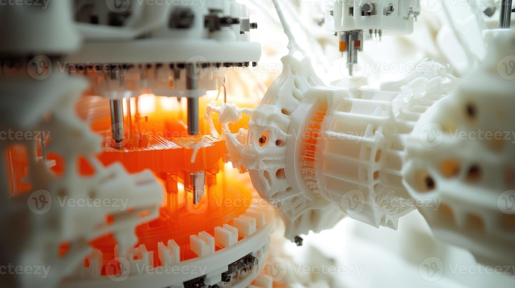 3d printer creating complex white and orange object photo