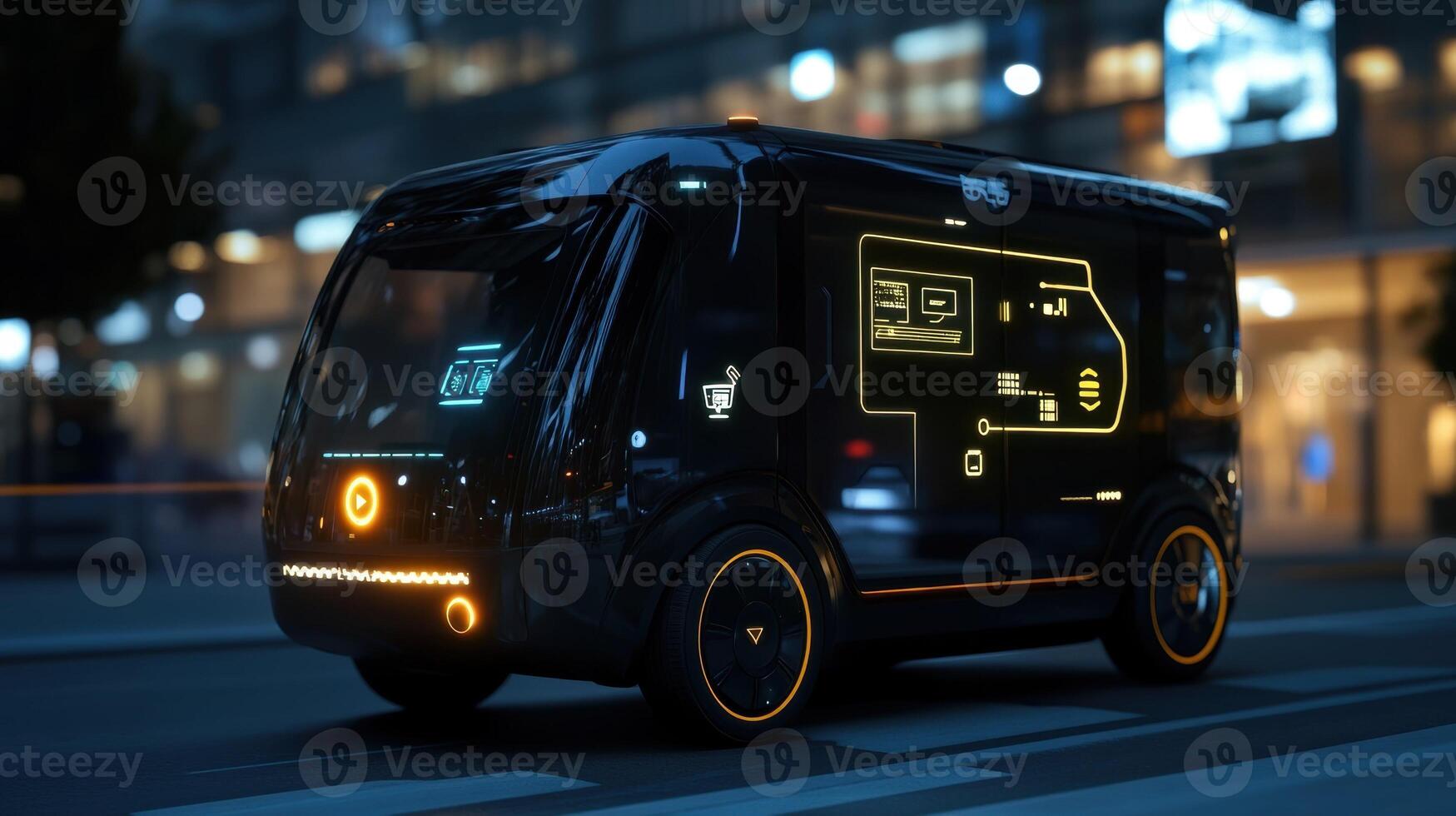 Self driving delivery van navigating night city streets with augmented reality interface photo