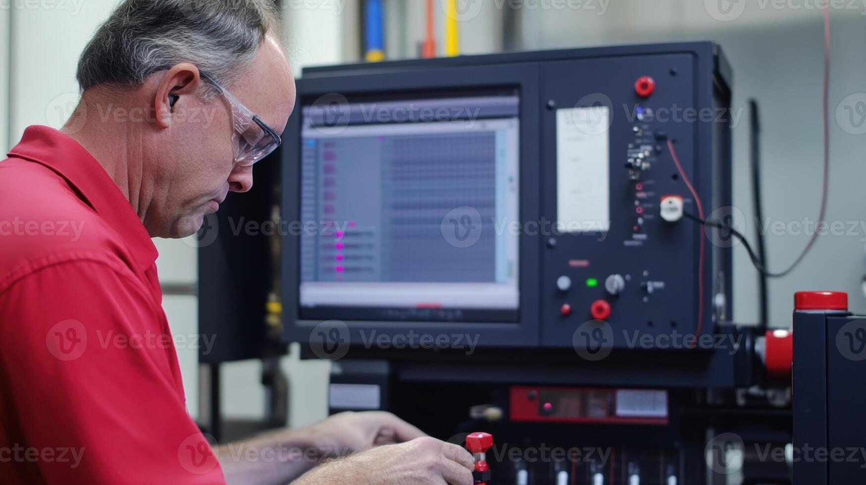 Engineer operating complex machinery with computer interface in technological facility photo