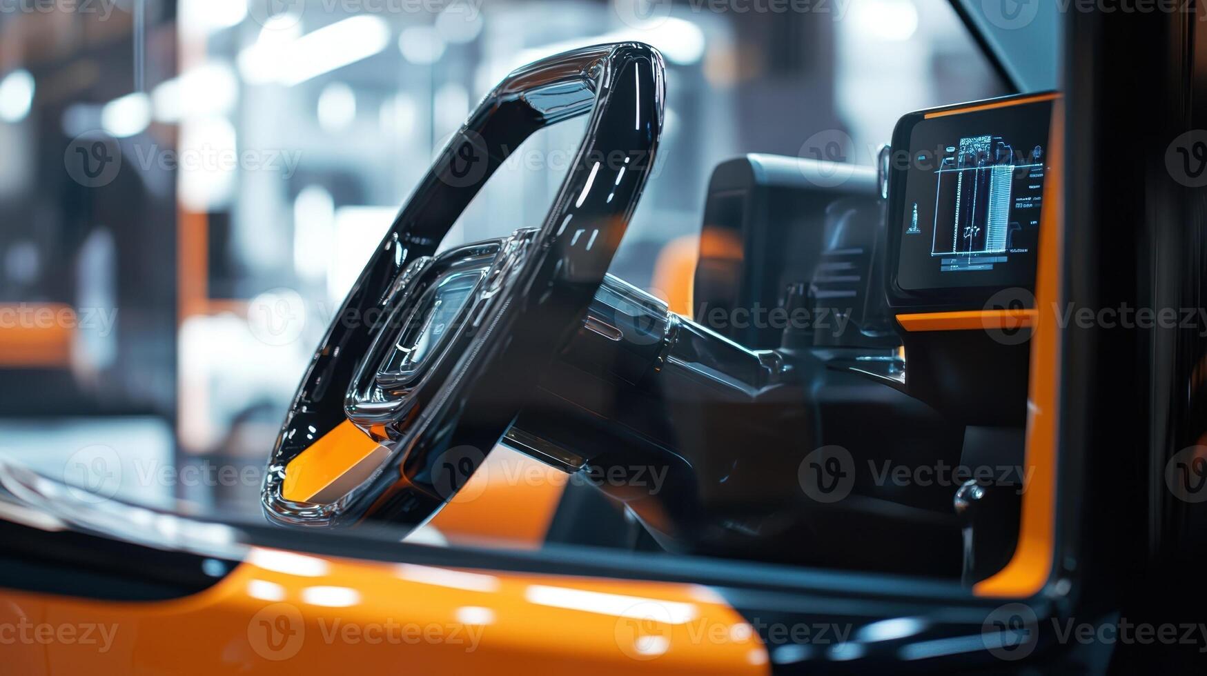 Futuristic steering wheel and dashboard displaying vital statistics in modern vehicle photo