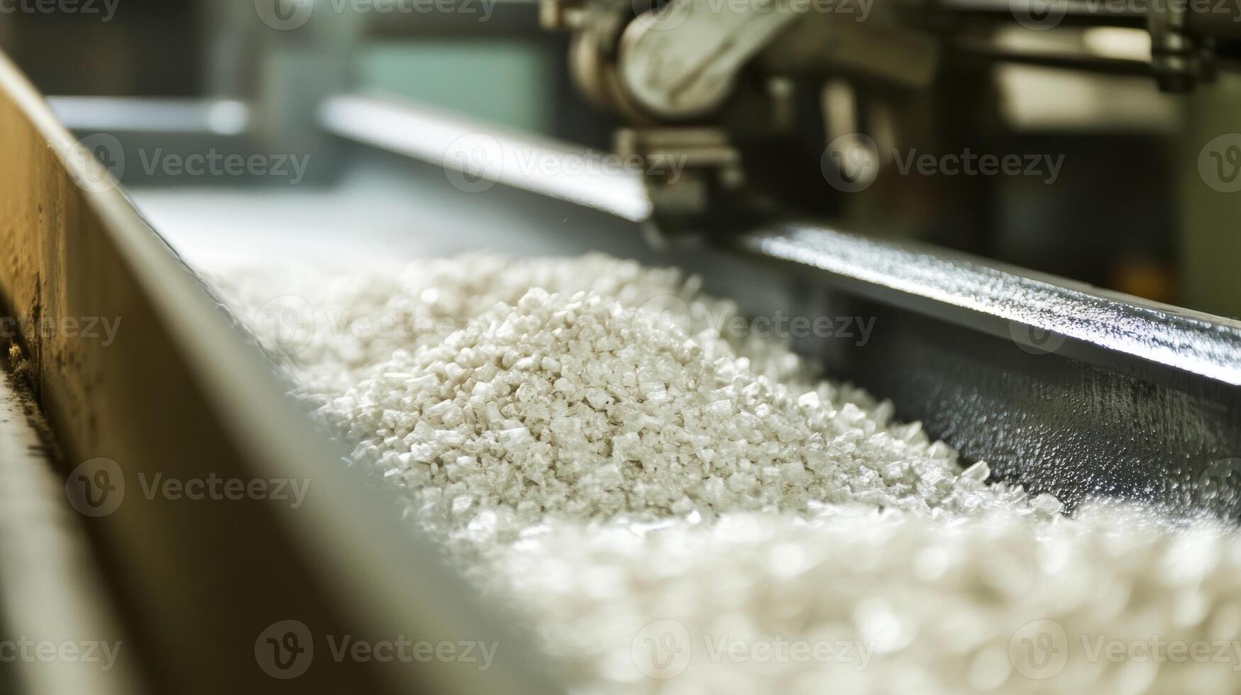 Industrial manufacturing process moving white plastic polymer pellets on conveyor belt photo