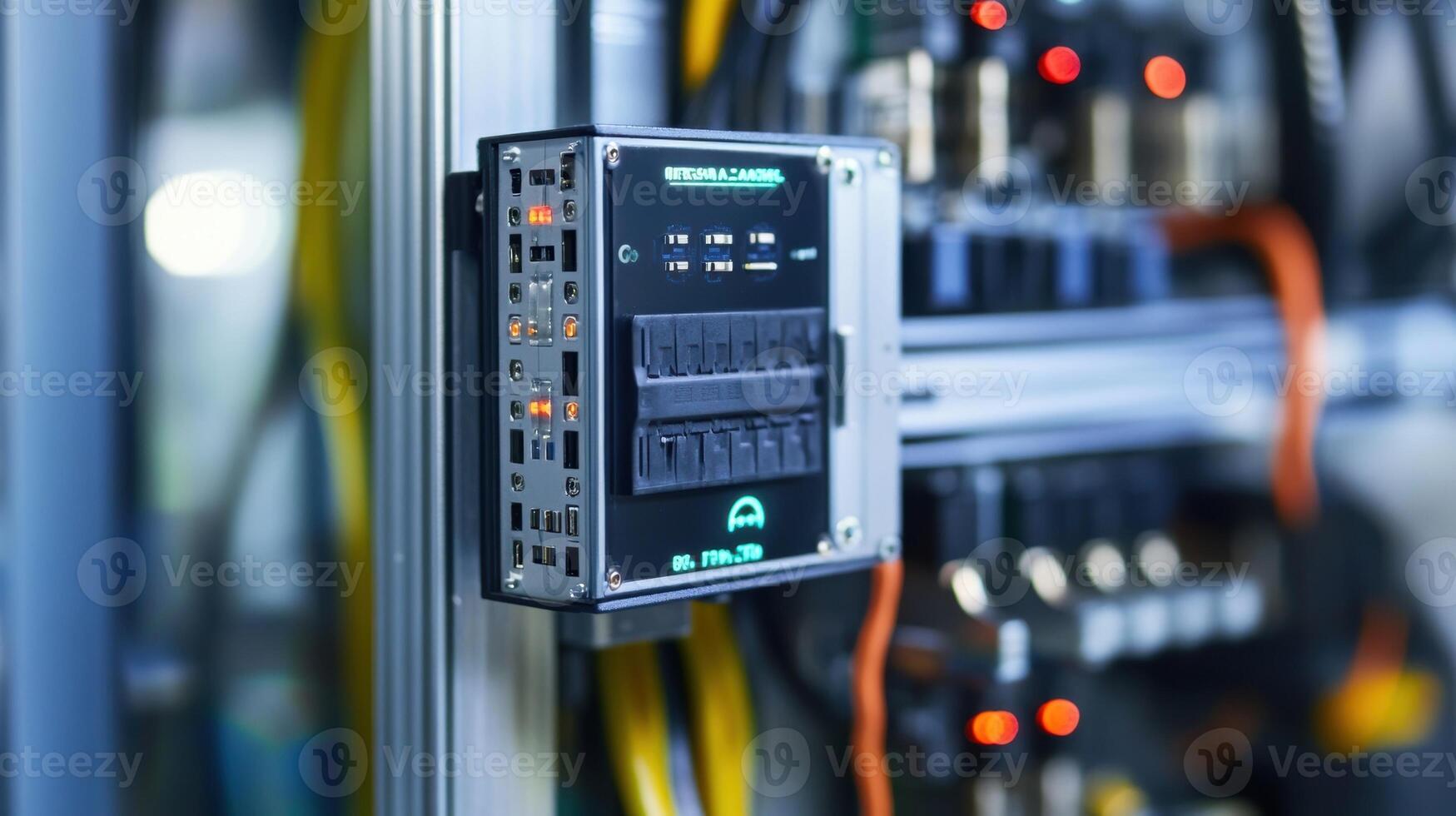 Programmable logic controller mounted on a metal rack managing industrial automation process photo