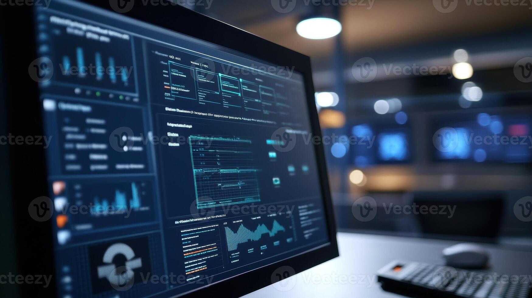 Computer screen showing sophisticated analytics dashboard in monitoring room photo