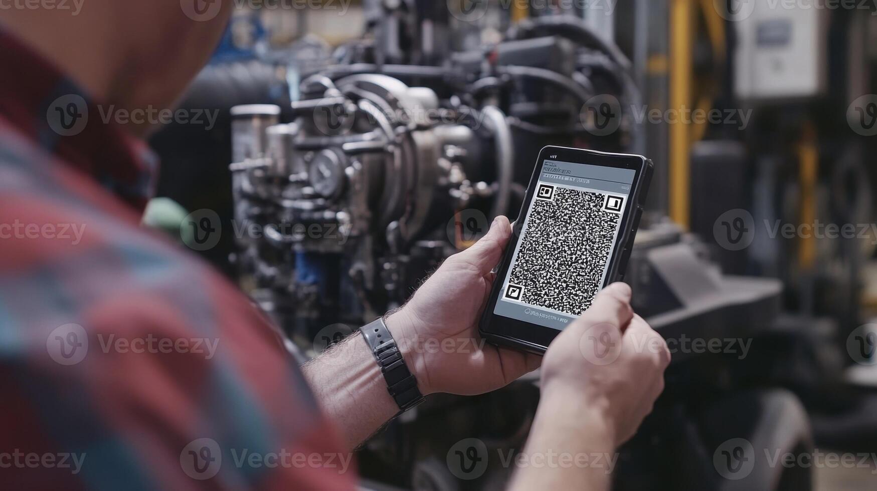 Factory worker scanning qr code on tablet for machinery maintenance photo