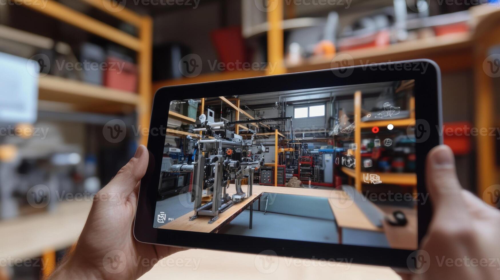 Engineer using augmented reality tablet app for checking machinery in factory photo