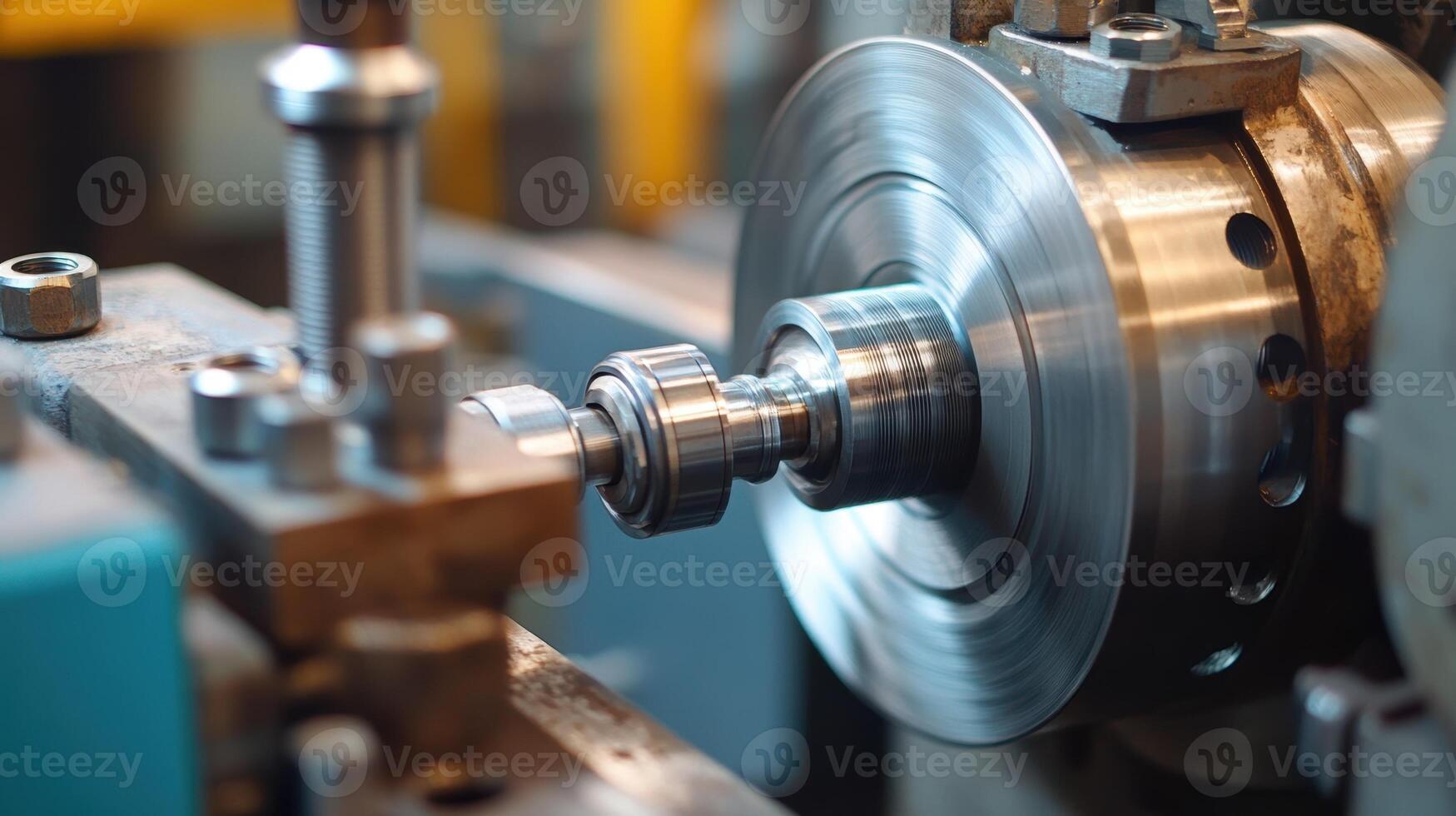 Metal lathe rotating and shaping metal part in factory photo