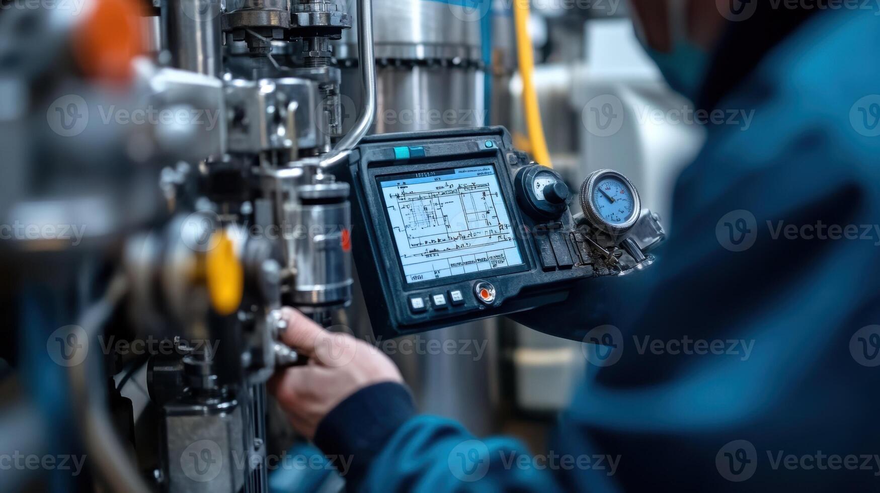 Technician operating industrial machine with control panel and pressure gauge photo
