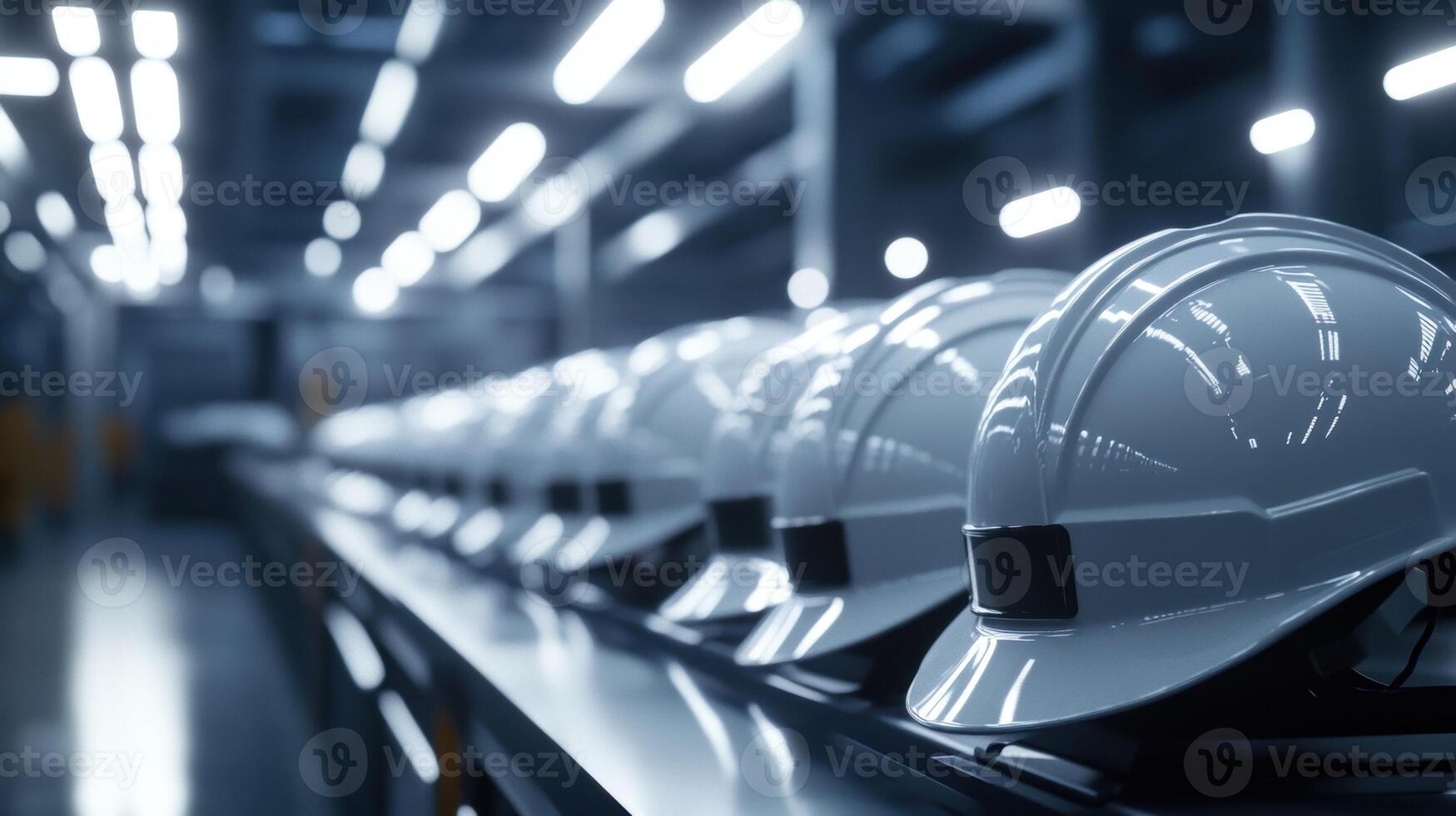 White hard hats moving on assembly line in a factory photo