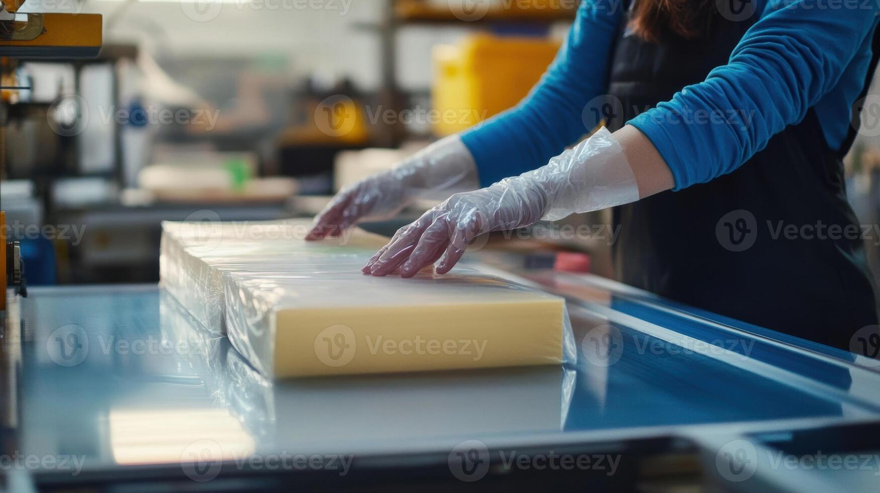 Factory worker packaging foam block on conveyor belt photo