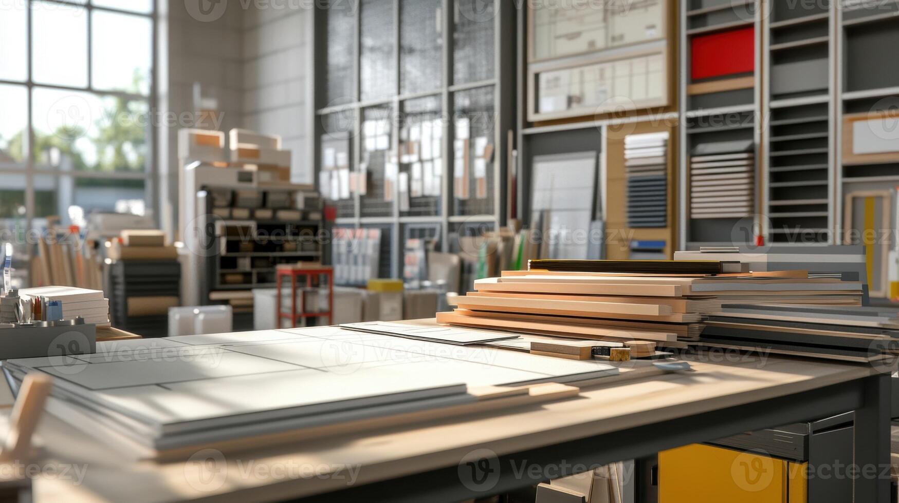 Wood and glass sheets resting on workbench in busy workshop photo