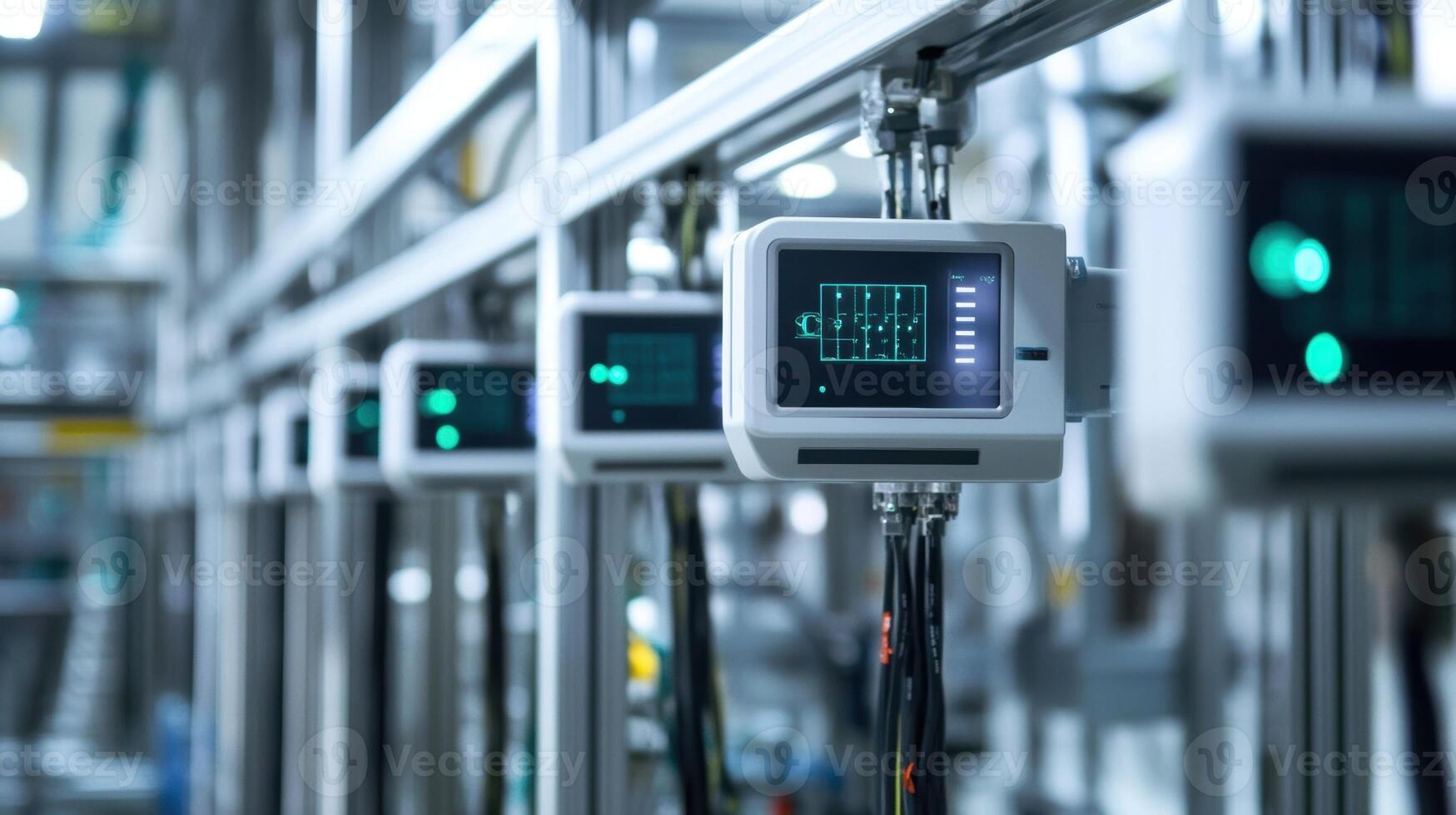 Automated production line monitoring system showing real time data in a modern factory photo