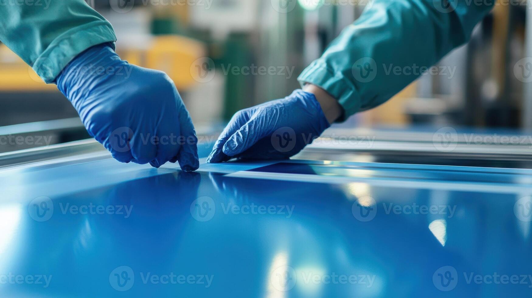 Factory workers examining a product on assembly line photo