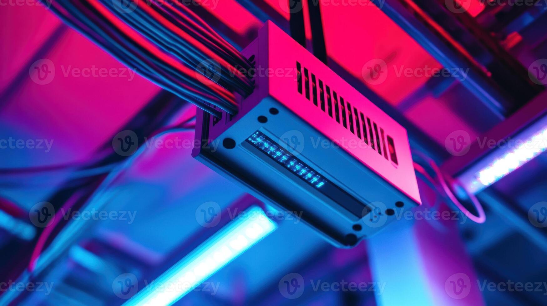 Network server rack with connected cables and flashing lights illuminating the scene with vivid colors photo
