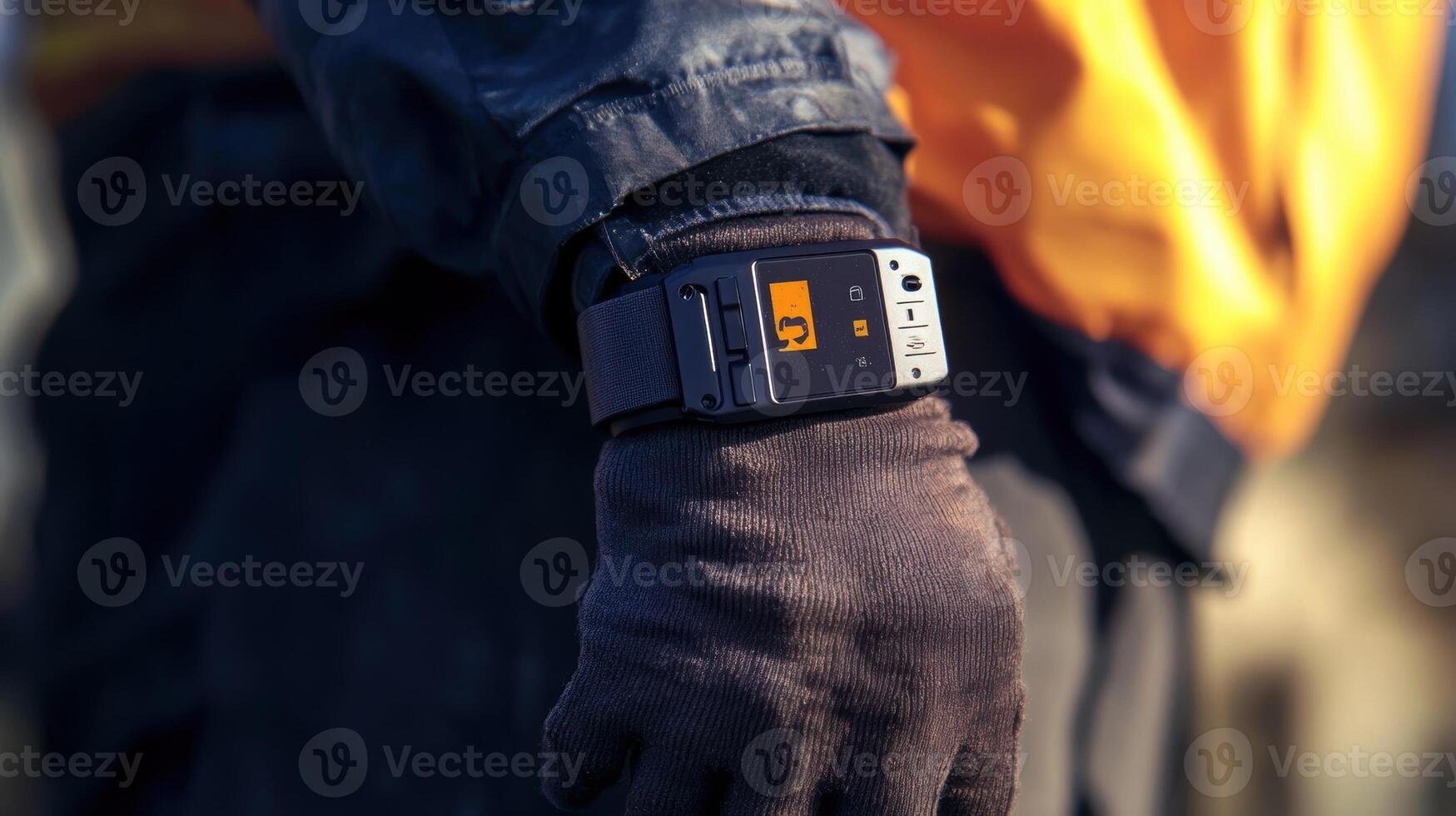Construction worker wearing smartwatch on wrist during work photo