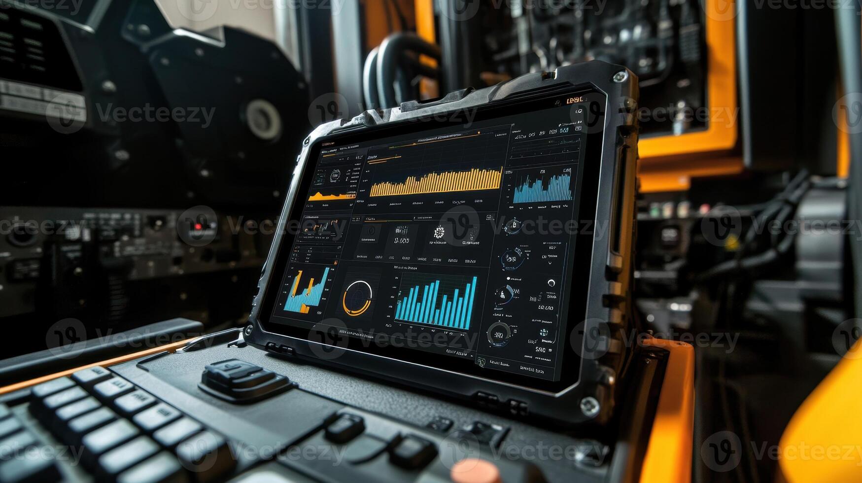 Digital tablet displaying real time data analysis in industrial setting photo