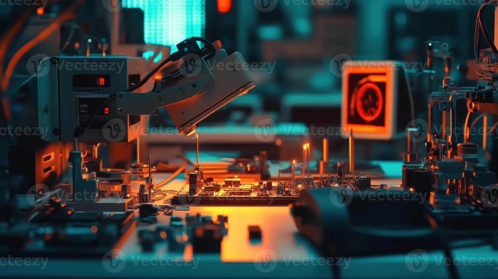 Robotic arm working on circuit board in modern factory photo