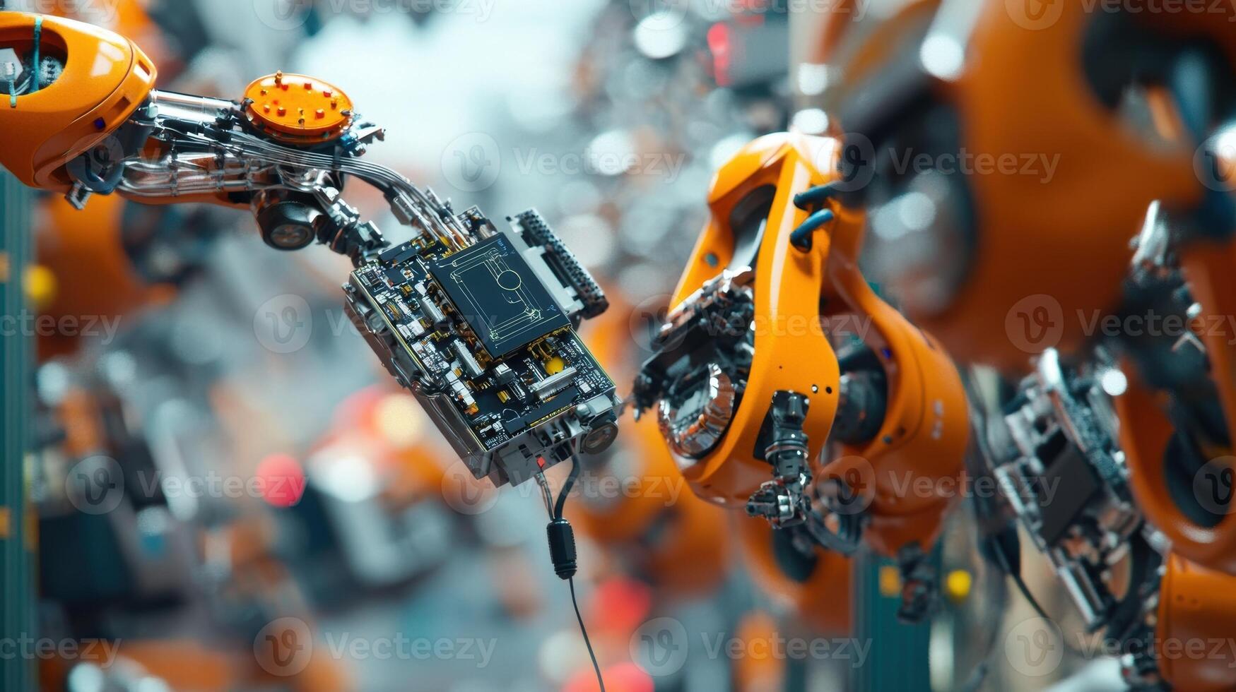Robotic arms holding circuit board in automated production line photo