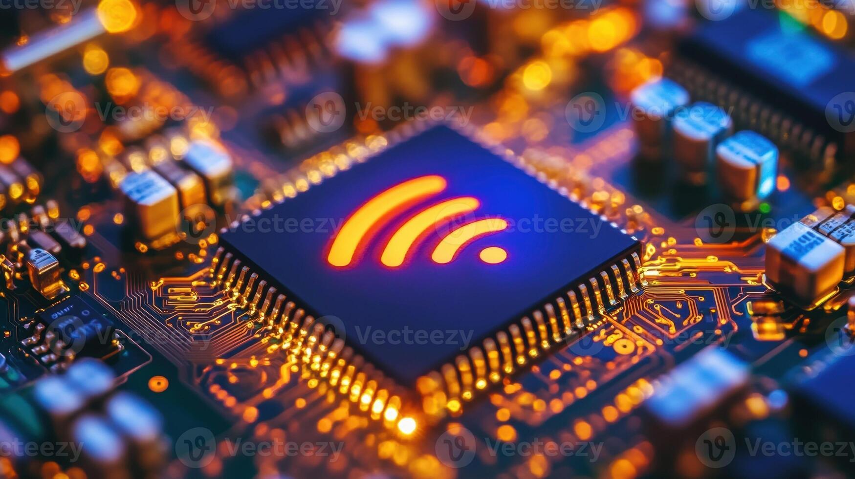 Wireless communication chip glowing on circuit board, embracing the future of connectivity photo