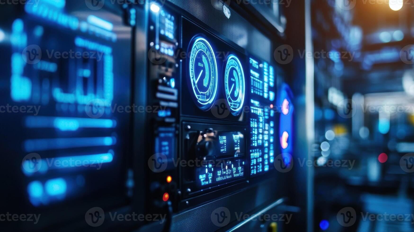 Futuristic control panel showing data analysis and processing information photo