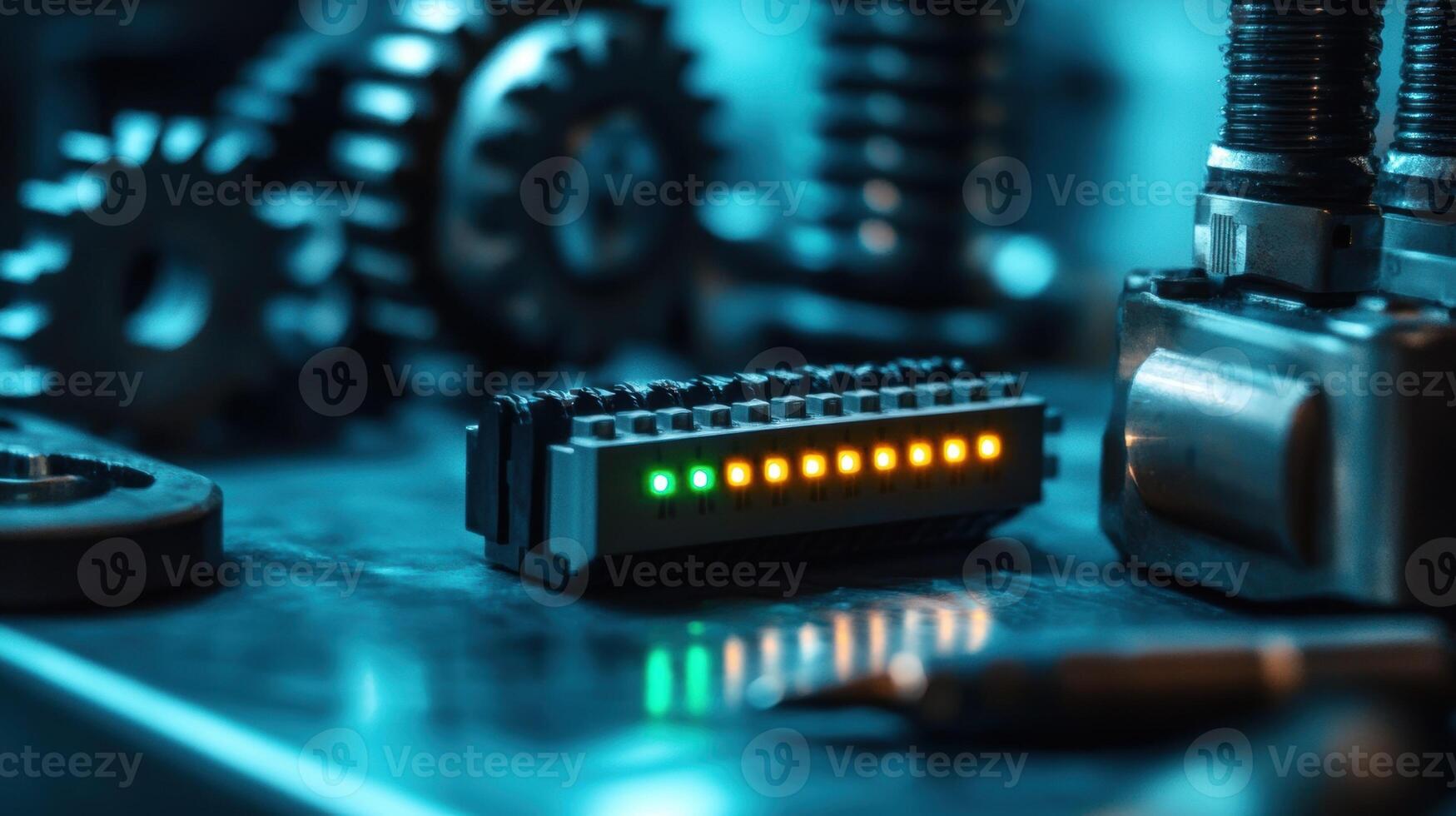 Programmable logic controller plc in a factory showing green and orange lights with gears in the background photo