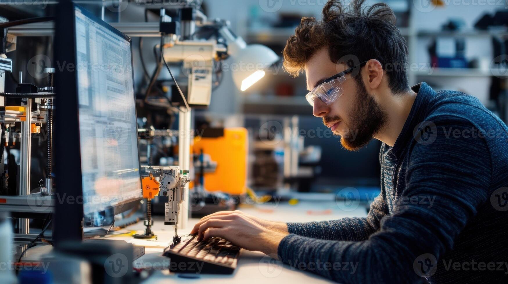 Robotics engineer programming automated machine in modern factory photo
