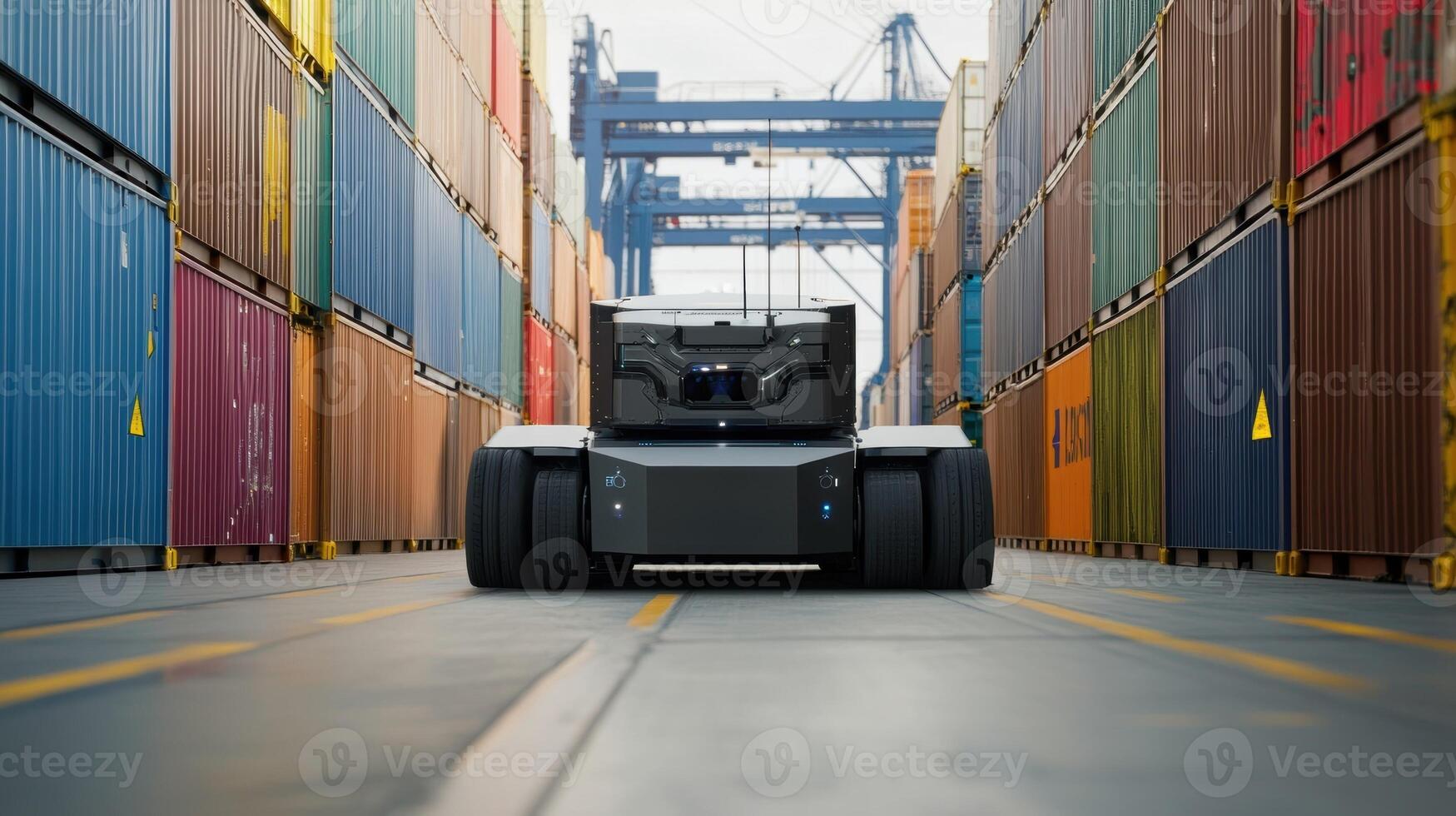 Autonomous truck driving between colorful containers in a busy port photo