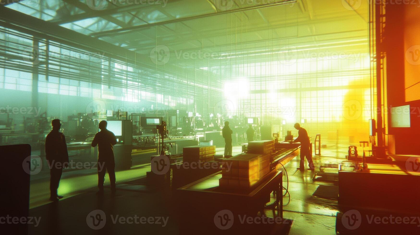 Engineers and workers managing production line in modern factory photo