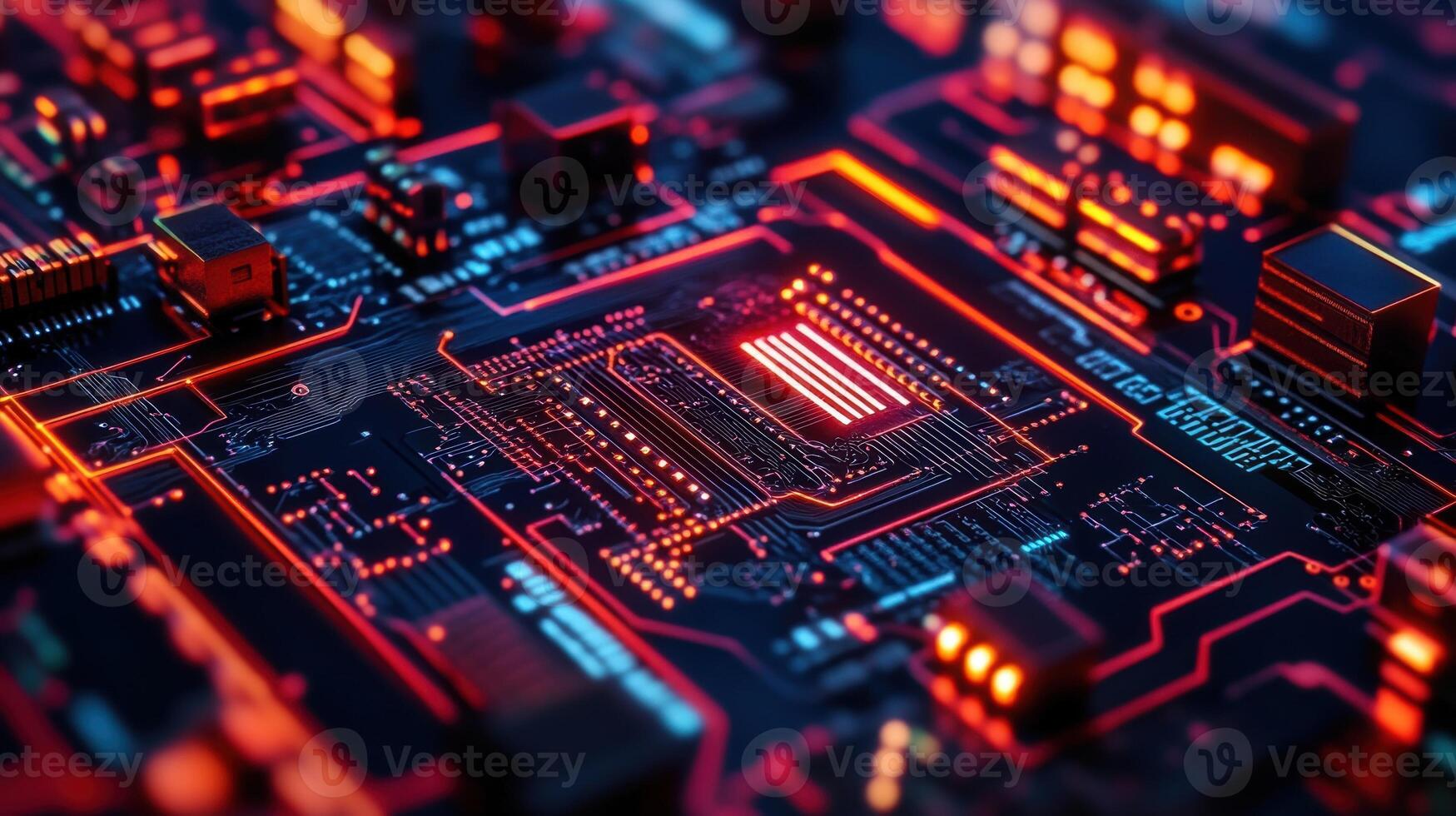 Futuristic circuit board pulsating with red and blue lights photo