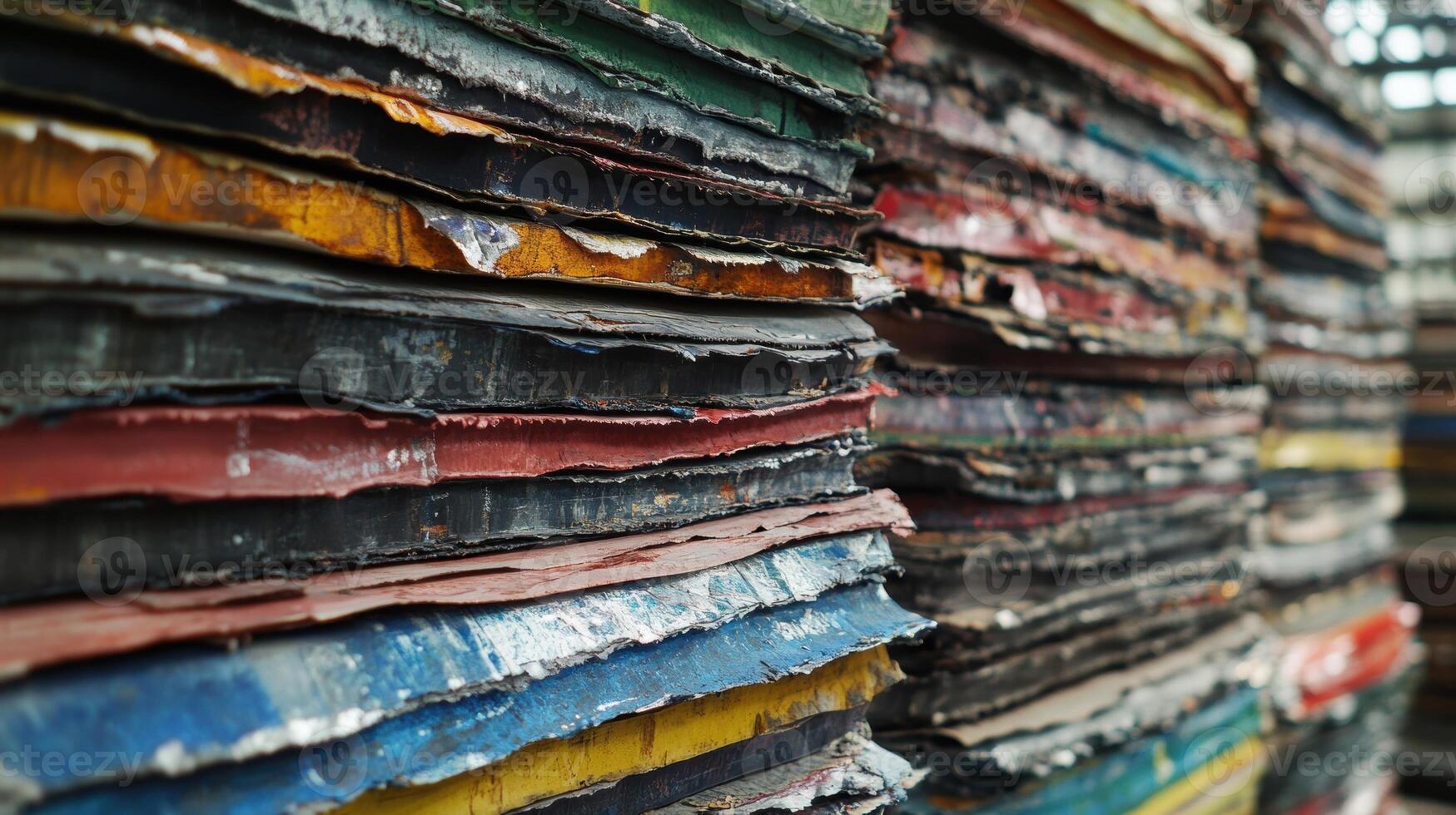 Stack of colorful and weathered printing plates showing signs of wear and tear photo