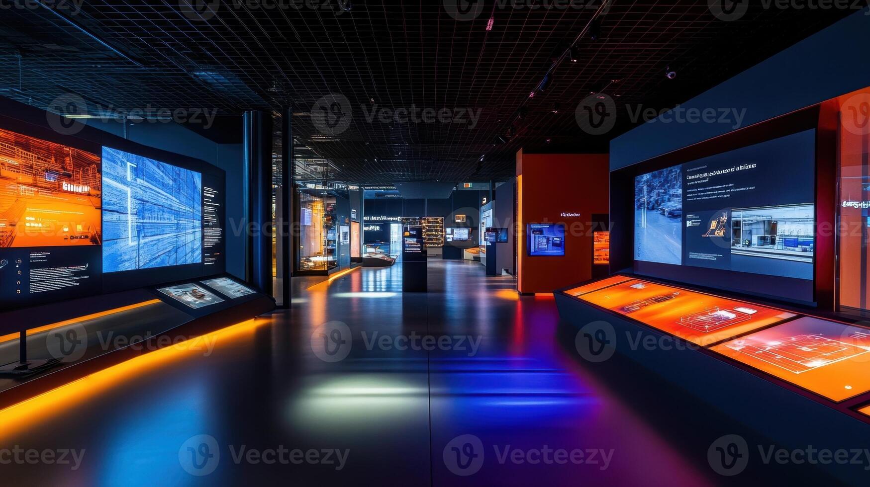 Modern museum exhibit showcasing interactive displays and information panels illuminating the future photo