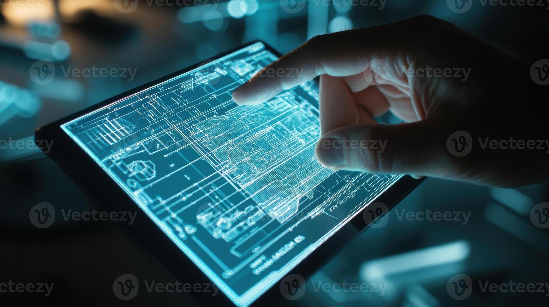 Engineer using futuristic transparent tablet showing blueprints in augmented reality environment photo