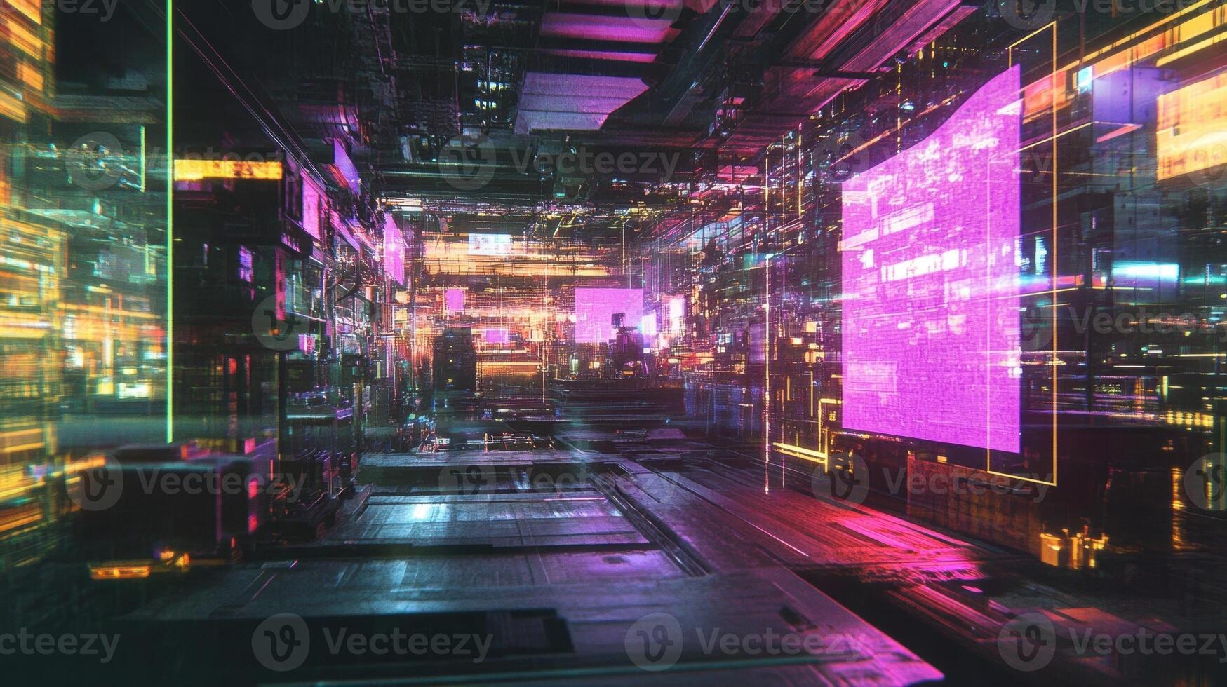 Futuristic corridor showing holographic projections in cyberpunk city photo