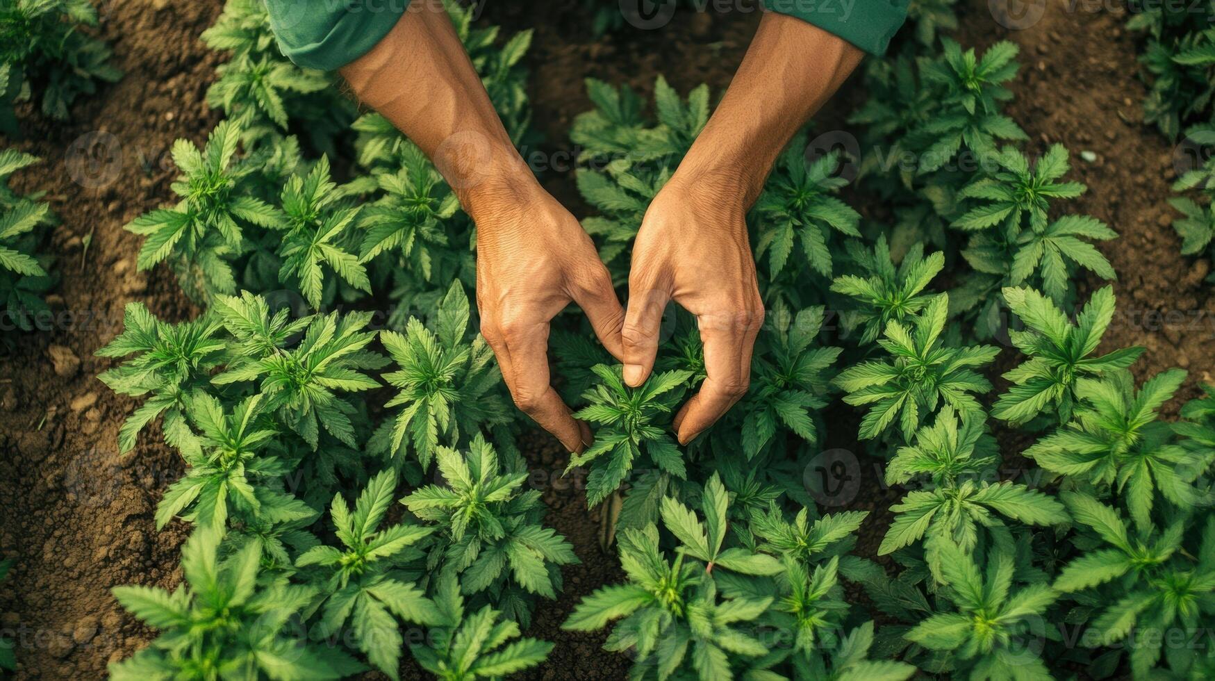 Farmer examining hemp plants in cultivated field photo