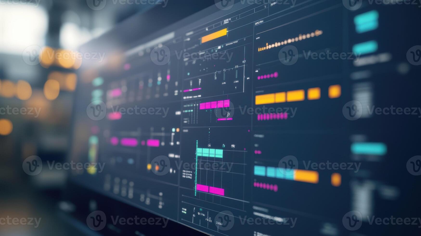 Computer screen showing futuristic user interface with analytics and data visualization in modern office photo
