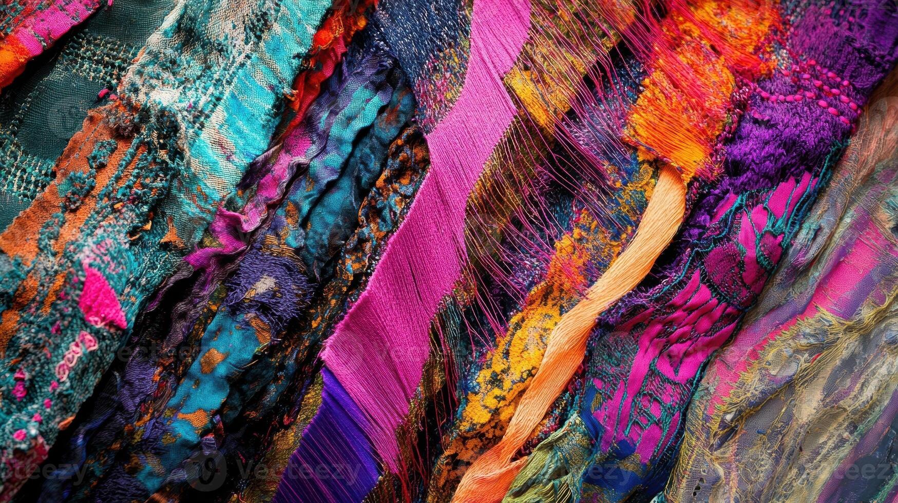 Colorful abstract textile art with hanging threads and various textures photo