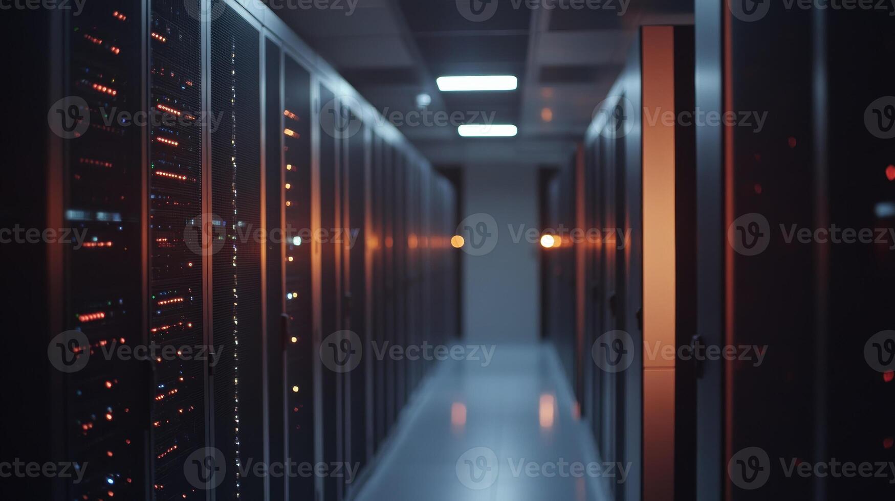 Server room blinking lights indicate working datacenter network equipment photo