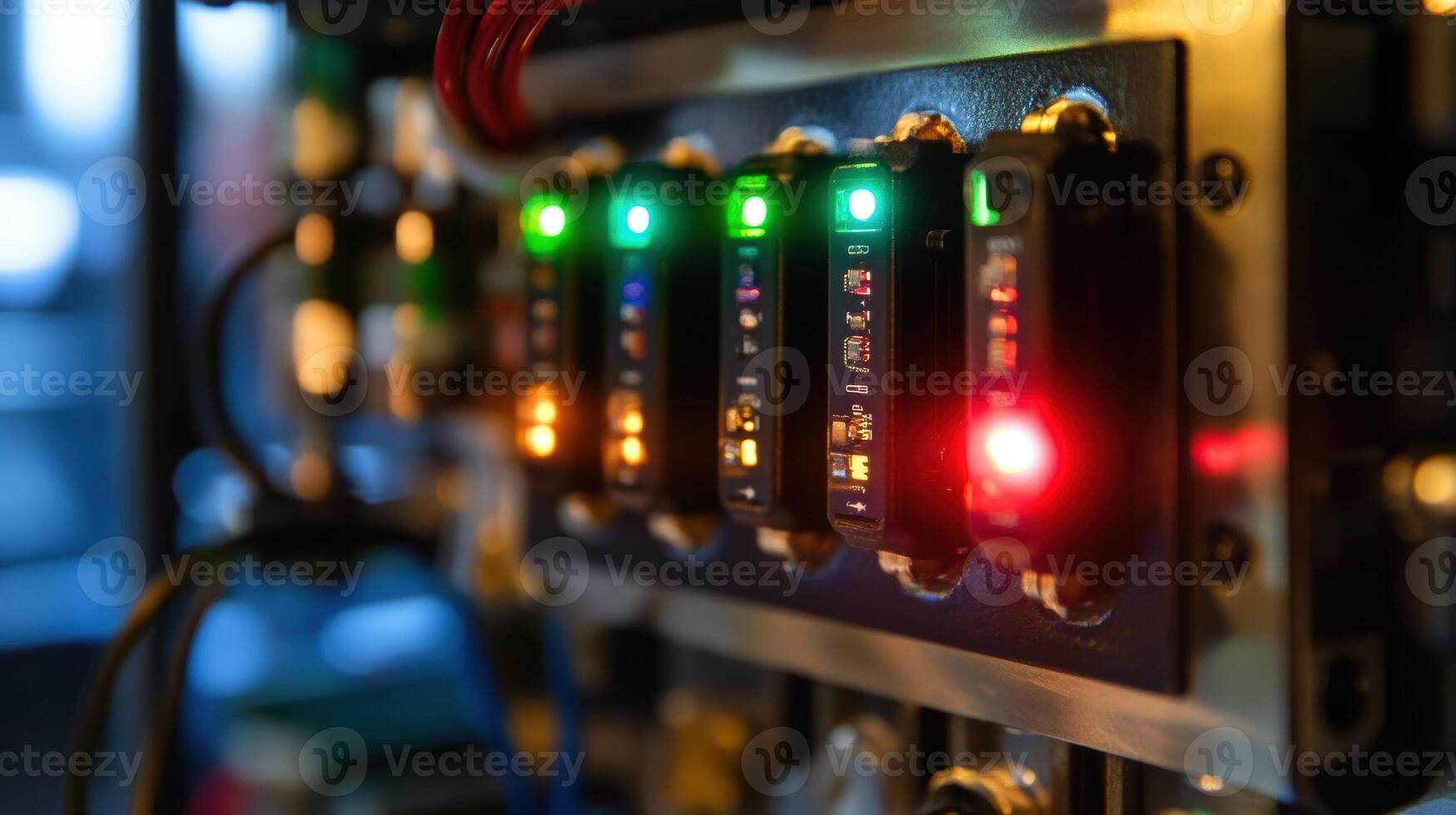 Electrical control panel showing multiple lights and switches operating in server room photo
