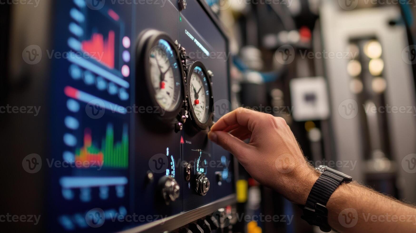 Engineer monitoring industrial process on control panel with gauges and digital display photo